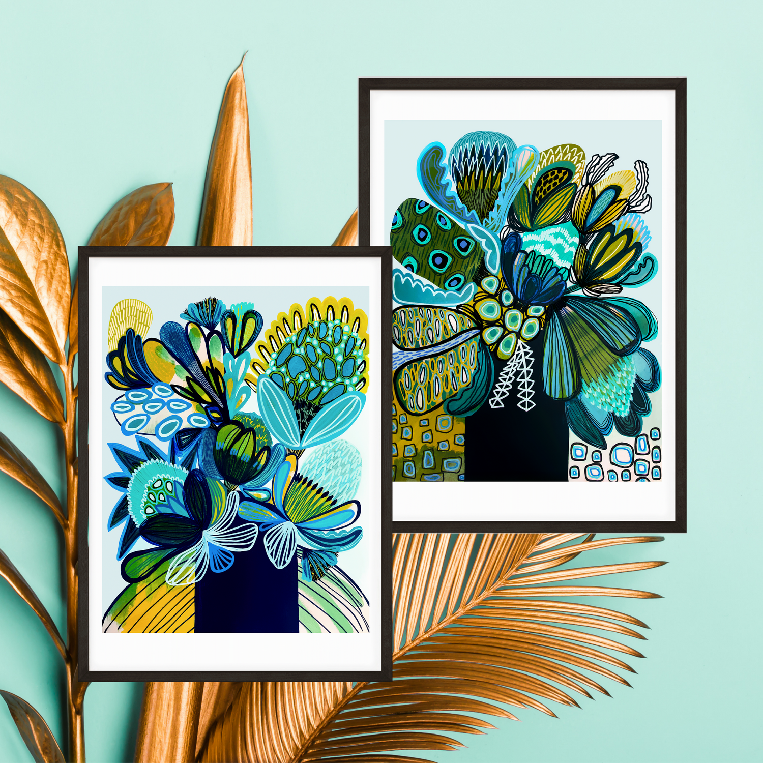 Set of two wall art prints with modern abstract botanical art 'Azure' 