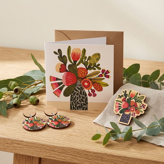 Hand-painted Australian native flowers wooden earrings and brooch set by Kirsten Katz