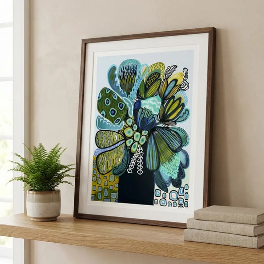 blue proteas modern abstract wall art print displayed above a console table showing size and scale