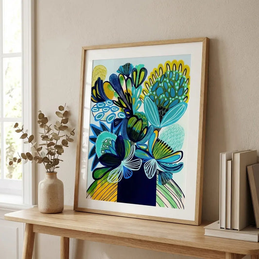Australia blue bush flora art print framed in a modern interior setting