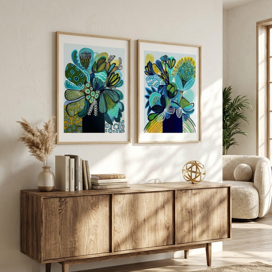 Blue & Teal Banksia Abstract Print Set