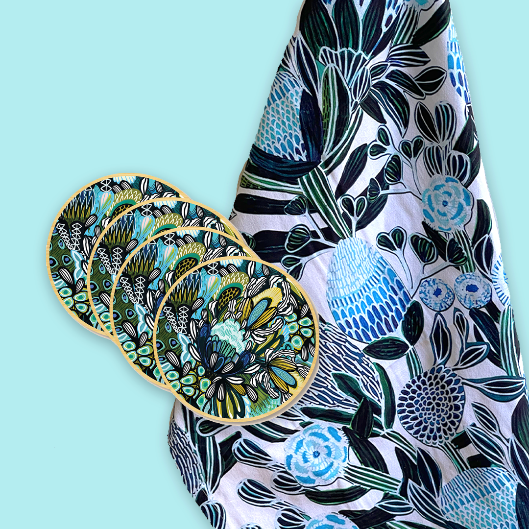 Blue Banksia Tea Towel & WQooden Coaster set
