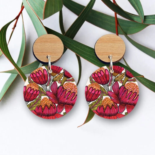 Australian Waratah Flower Wooden Earrings Kirsten Katz