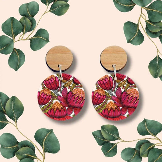 Australian Waratah Flower Wooden Earrings Kirsten Katz