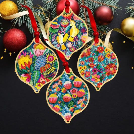 Cockatoos & Proteas Christmas Ornament Bauble Set Kirsten Katz