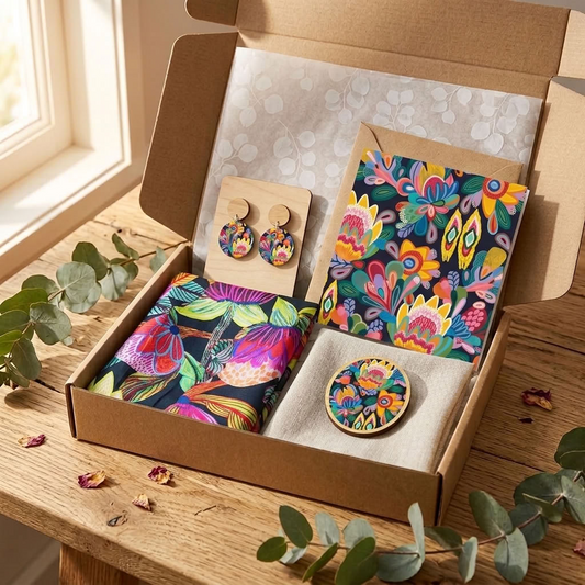 Protea Australis Silk Scarf & Jewellery Gift Set presented in a gift box - Kirsten Katz