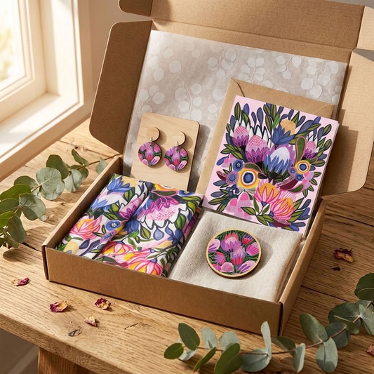 Protea Magnifica Silk Scarf & Jewellery Gift Set presented in a gift box - Kirsten Katz