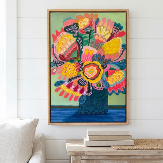 Flora Fantastica No. 1, original botanical painting by Australian artist Kirsten Katz, soft green background, golden centre bloom and teal patterned vase, in a natural oak float frame