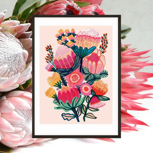 Flowers of Oz Botanical Art Print, with native flora and proteas flowers by artist Kirsten Katz.