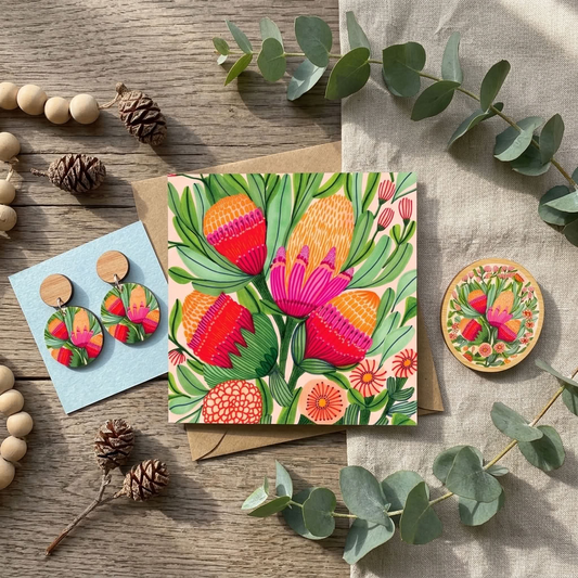Hand-painted protea and gum blossom wooden earrings and brooch set by Kirsten Katz