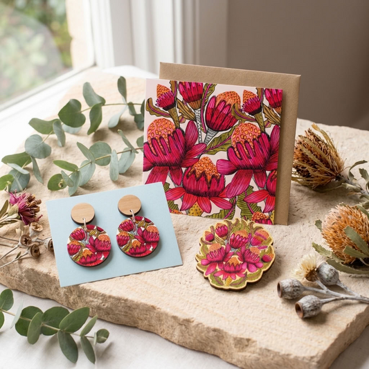 Australian waratah jewellery gift set - earrings and brooch - Kirsten Katz