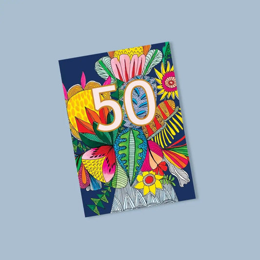 Wild Things 50th Birthday Card – Colourful Vase of Flowers Kirsten Katz