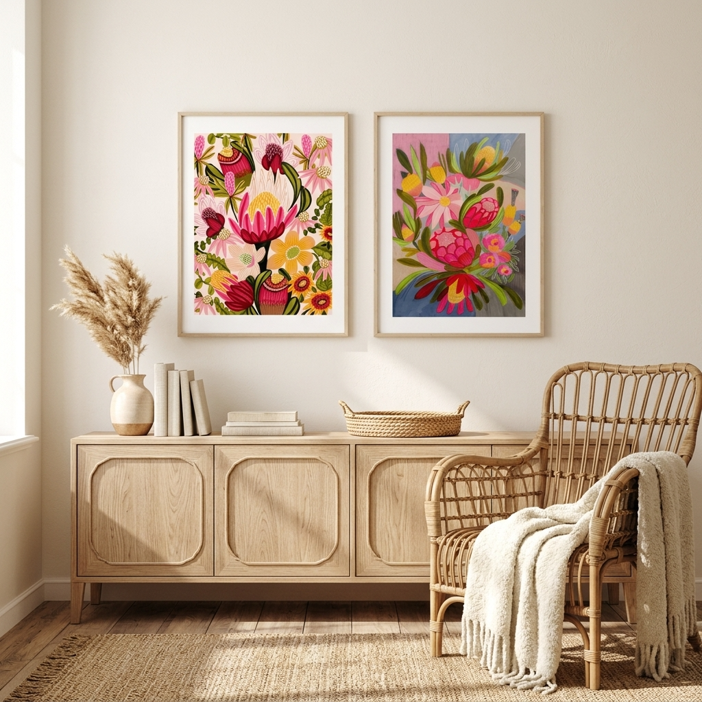 Pink Protea & Blue Bouquet Print Set