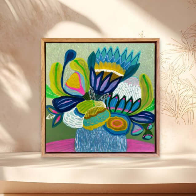 Framed colorful abstract painting by Kirsten Katz