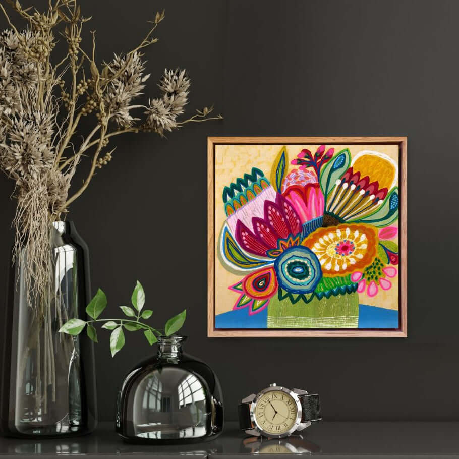 Decorative shelf with a vase, glass container, clock, and an Original modern painting by Kirsten Katz
