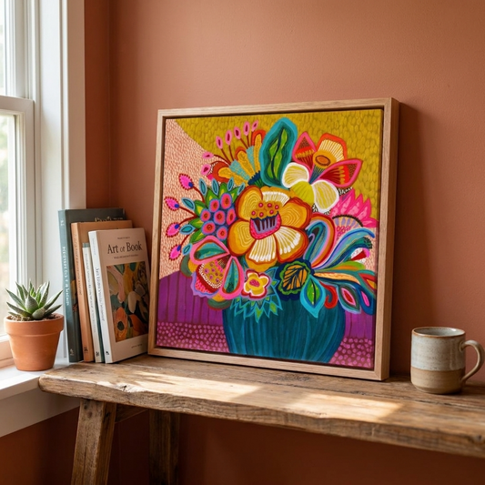 Colorful floral artwork in a wooden frame on a wooden shelf with books and a mug.