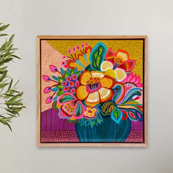 Radiant Spring original floral painting styled in an interior space, showcasing vivid colour and expressive botanical forms on a wall