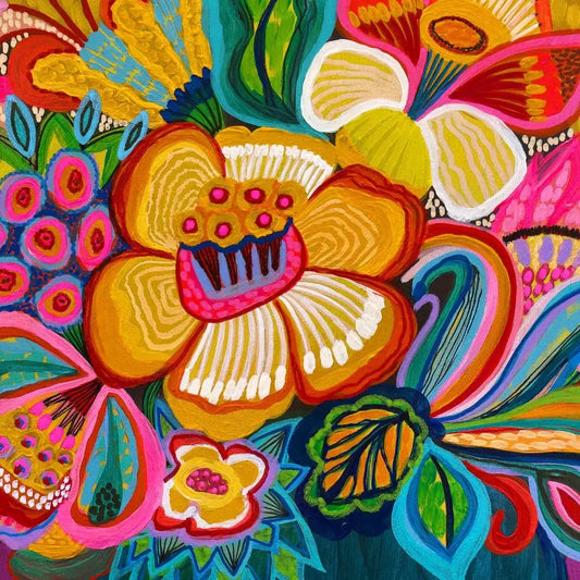 Detail of Radiant Spring original painting by Kirsten Katz, layered brushwork and vibrant floral forms