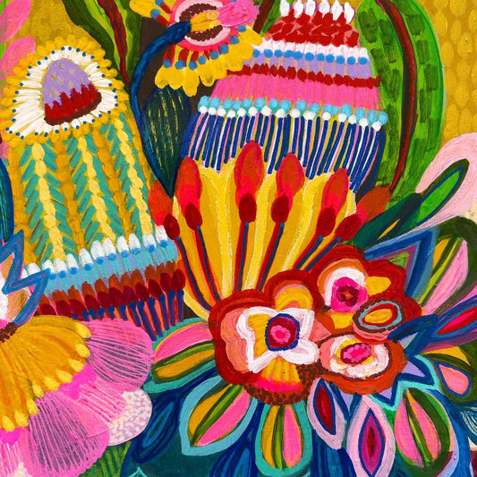 Colorful abstract floral design with vibrant colors on a yellow background