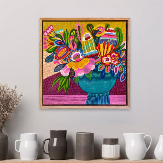 Vivid Harmony original floral painting styled in an interior space, showcasing vibrant colour and expressive botanical form on a wall above a shelf with decorative vases.