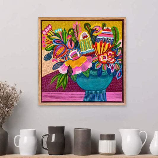 Vivid Harmony original floral painting styled in an interior space, showcasing vibrant colour and expressive botanical form on a wall above a shelf with decorative vases.