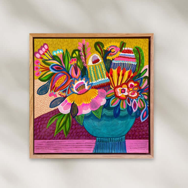 Vivid Harmony original painting by Australian artist Kirsten Katz, colourful exotic flowers arranged in a vase-style floral composition
