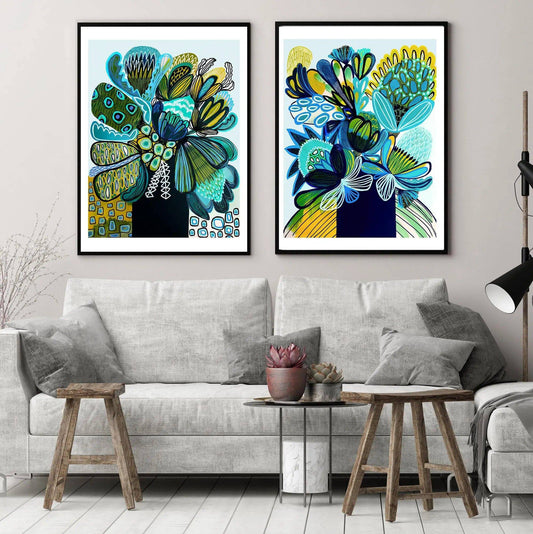 Australia Blue Abstract Flower Wall Art Print Set - Kirsten Katz