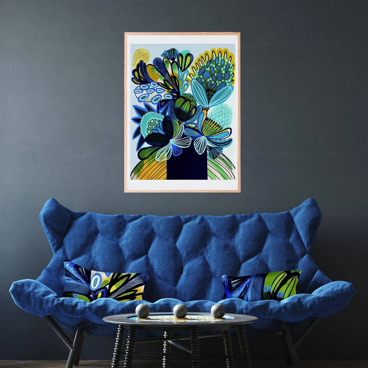 Blue botanical wall art — banksias and proteas by Kirsten Katz