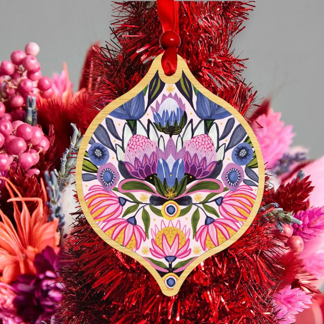 Australian Christmas Floral Bling Wooden Bauble Set - Kirsten Katz