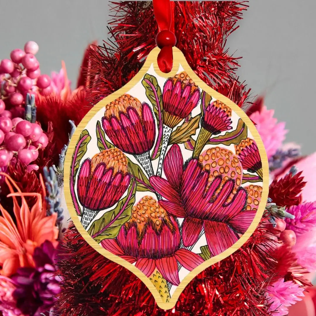 Australian Native Flowers Christmas Wooden Bauble Set - Kirsten Katz