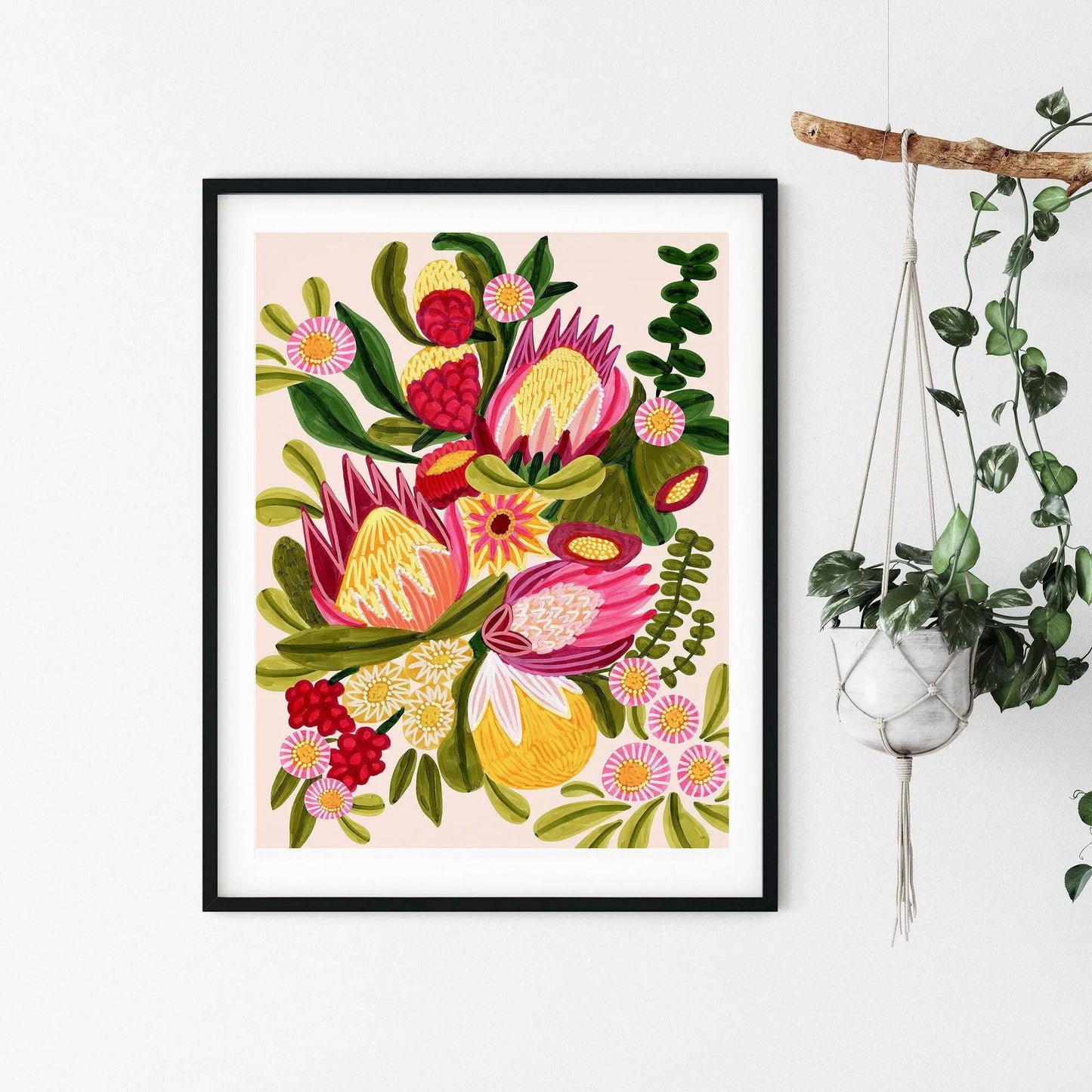 Australian native flower wall art with proteas by Kirsten Katz