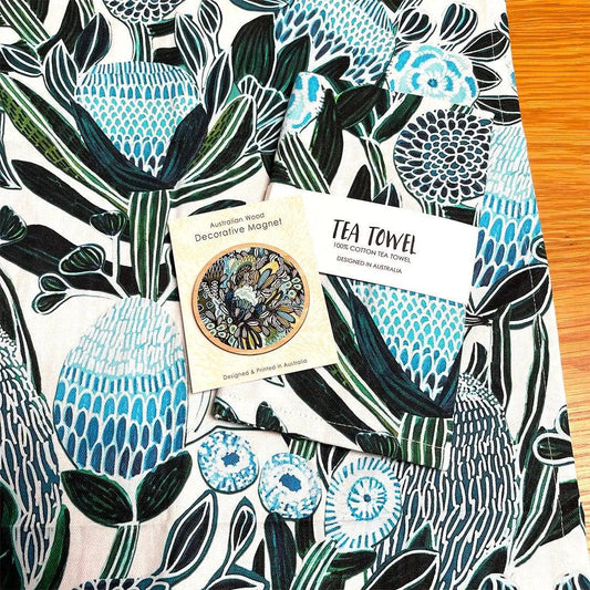 Home Decor Gift Set: Blue Banksia Tea Towel & Wooden Fridge Magnet Kirsten Katz