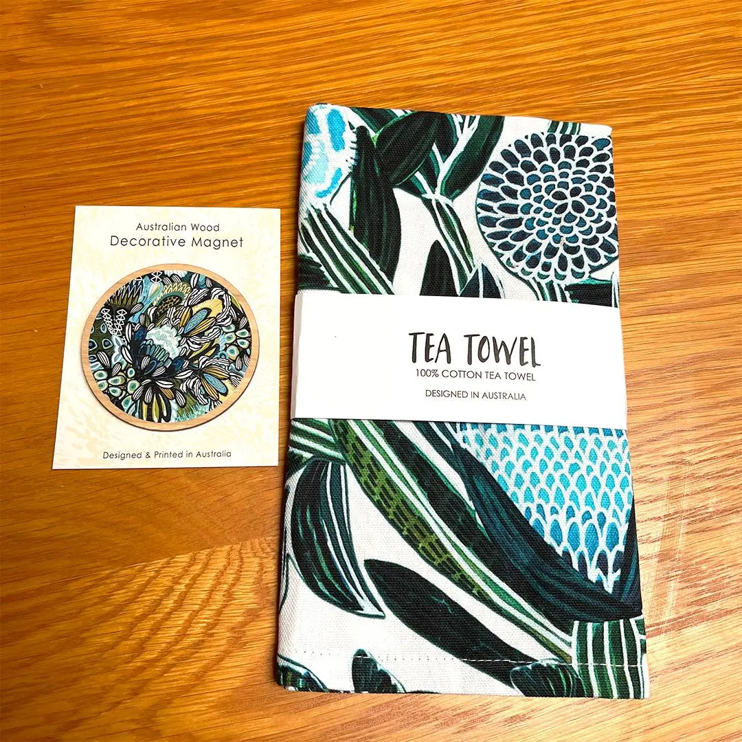 Home Decor Gift Set: Blue Banksia Tea Towel & Wooden Fridge Magnet Kirsten Katz