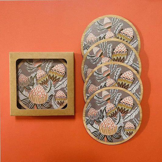 Bush Proteas Australian Wooden Coaster Set Kirsten Katz