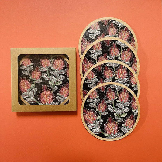Coral Banksias Australian Wooden Coaster Set Kirsten Katz
