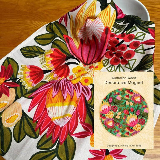 Festive Proteas Tea Towel & Wooden Fridge Magnet Gift Set - Kirsten Katz