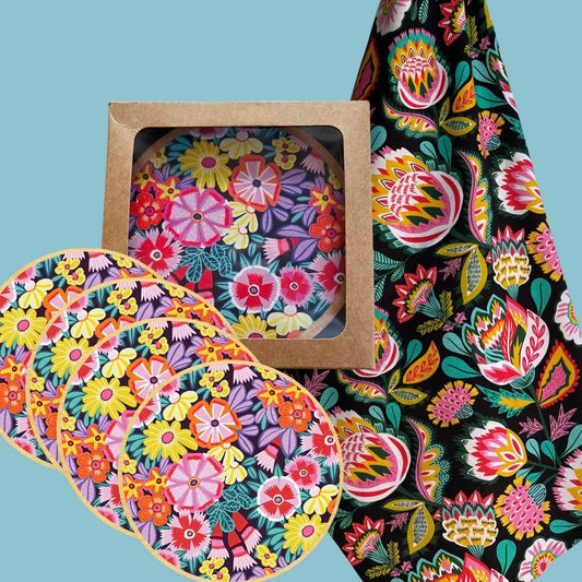 Folk Flowers Tea Towel & Australian Wooden Coaster Gift Set - Kirsten Katz