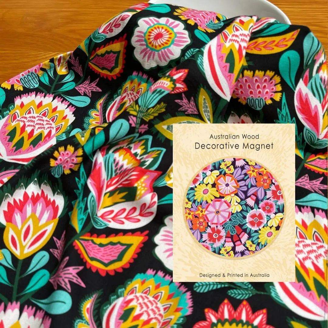 Folk Flowers Tea Towel & Wooden Fridge Magnet Gift Set - Kirsten Katz