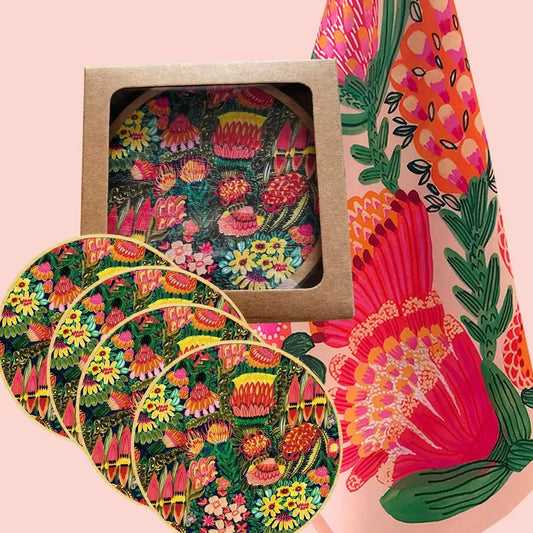 Grevillea Garden Tea Towel & Australian Wooden Coaster Gift Set - Kirsten Katz