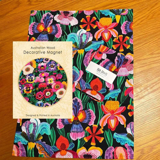 Irises & Pansies Tea Towel & Wooden Fridge Magnet Gift Set - Kirsten Katz