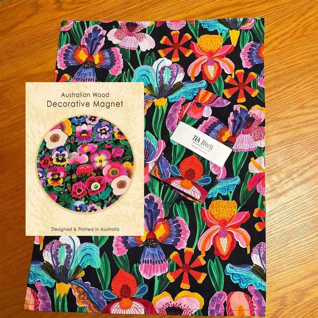 Irises & Pansies Tea Towel & Wooden Fridge Magnet Gift Set - Kirsten Katz
