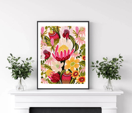 King Red Protea Print with Flowers Kirsten Katz