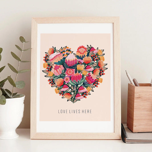 Love Lives Here Floral Heart  Art Print Kirsten Katz