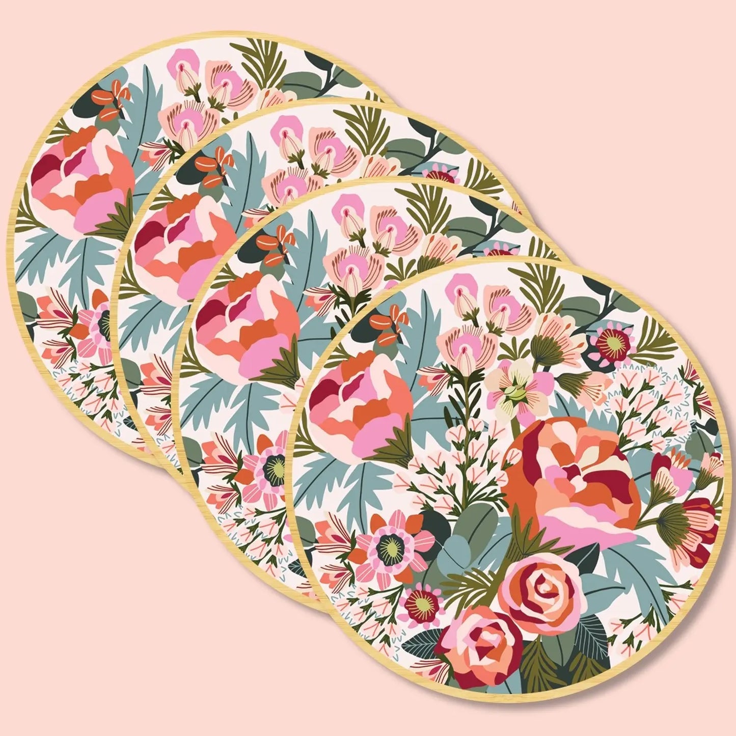 Peony Blooms Wooden Coaster & Napkin Set - Kirsten Katz