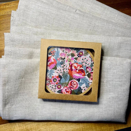 Peony Blooms Wooden Coaster & Napkin Set - Kirsten Katz