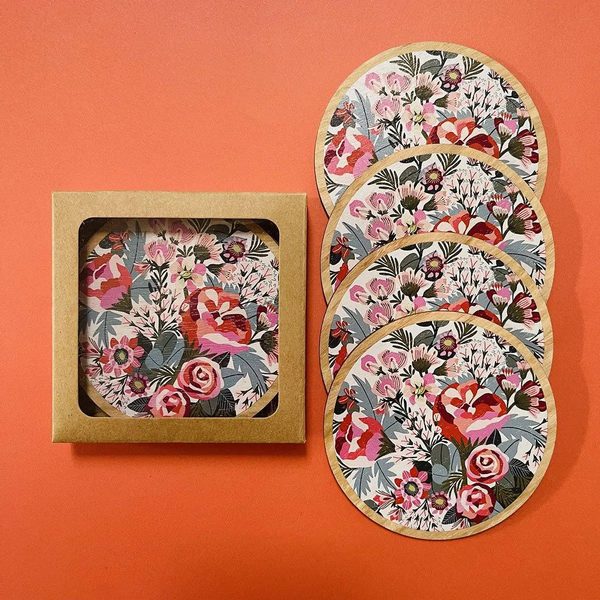 Peony Blooms Australian Wooden Coaster Set Kirsten Katz