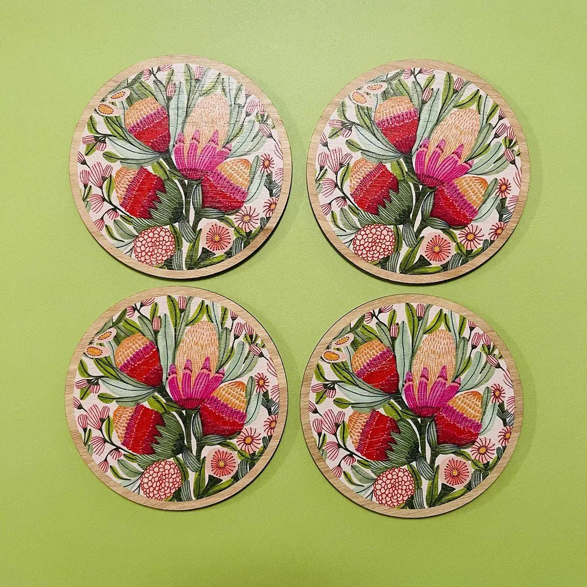 Protea & Gum Blossoms Australian Wooden Coaster Set Kirsten Katz