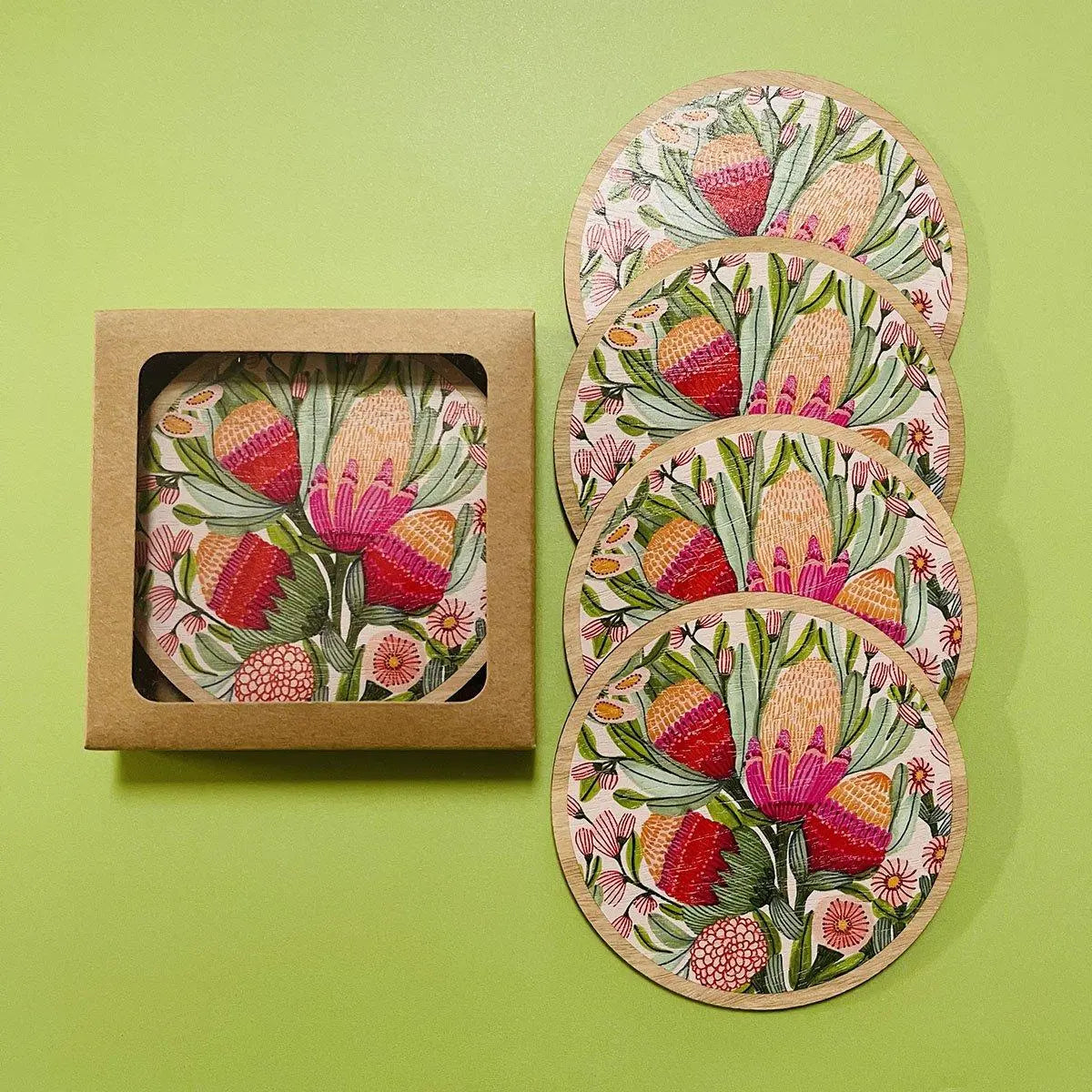 Protea & Gum Blossoms Australian Wooden Coaster Set Kirsten Katz