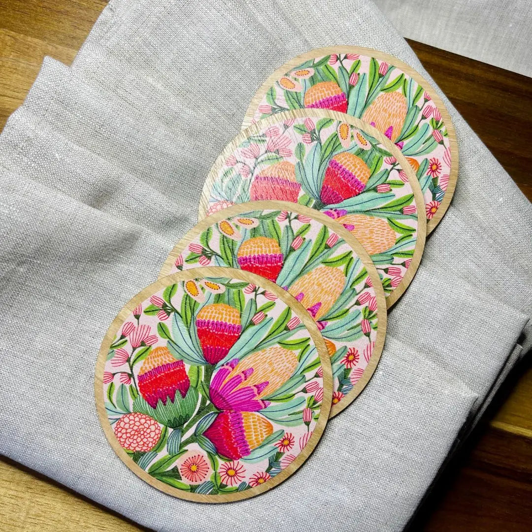 Protea & Gum Blossoms Coaster & Napkin Set - Kirsten Katz