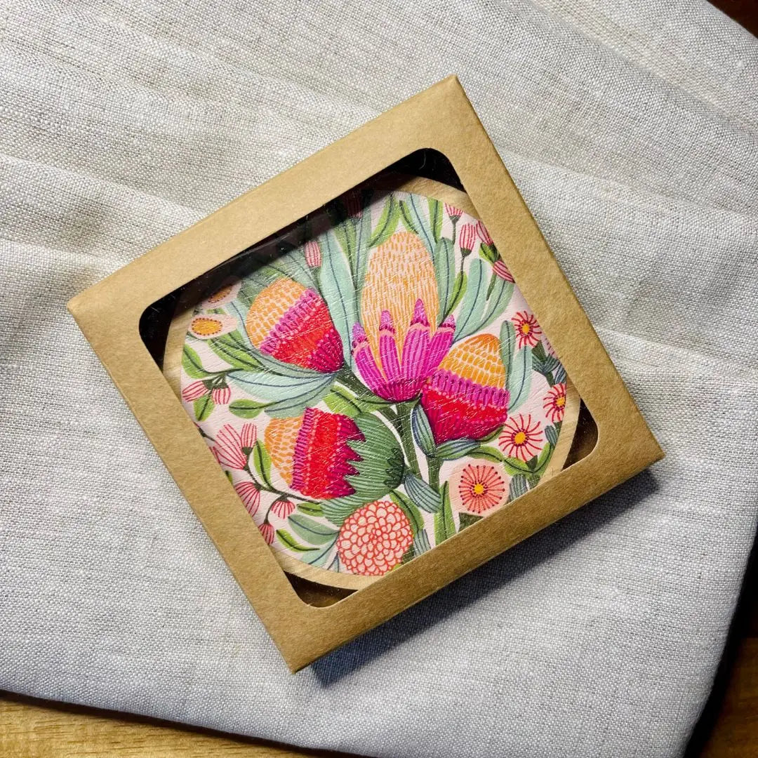 Protea & Gum Blossoms Coaster & Napkin Set - Kirsten Katz